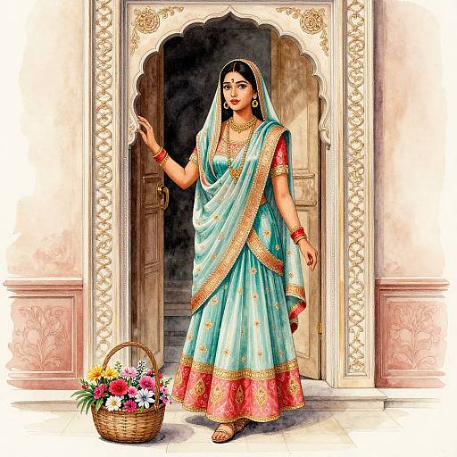 Watercolor Indian Woman at Doorway