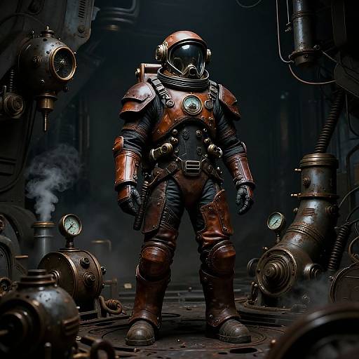Digital artwork of a lone astronaut in a rusty, vintage spacesuit standing in a dark, industrial, cyberpunk-style corridor with various pipes and gauges