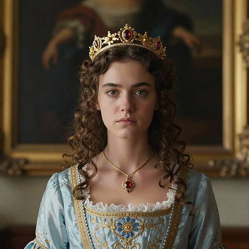 Photograph of a young woman with curly brown hair, wearing a gold crown, blue and gold embroidered dress, and red pendant, in a dimly
