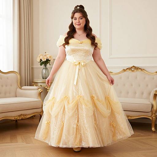 Photograph of a fair-skinned woman with long brown hair, wearing a golden princess-style ball gown and tiara, standing in an elegant, cream