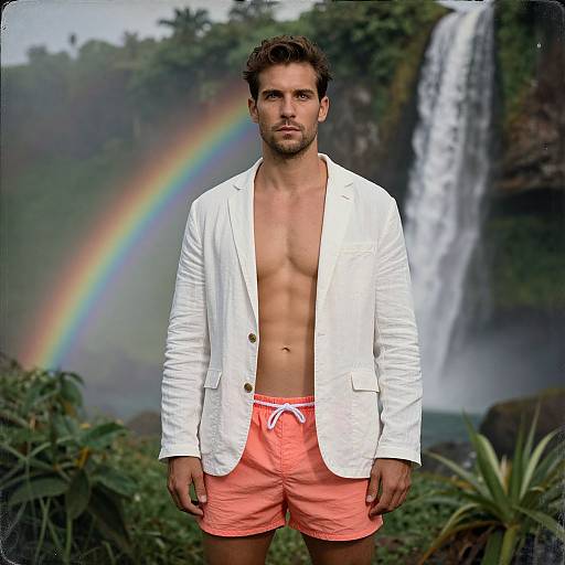 Photograph of a muscular, bearded man with short brown hair, wearing a white unbuttoned jacket and coral shorts, standing in front of a