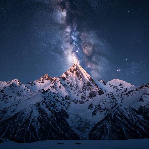 Photograph of a snow-capped mountain peak under a starry night sky with the Milky Way galaxy prominently illuminating the summit.