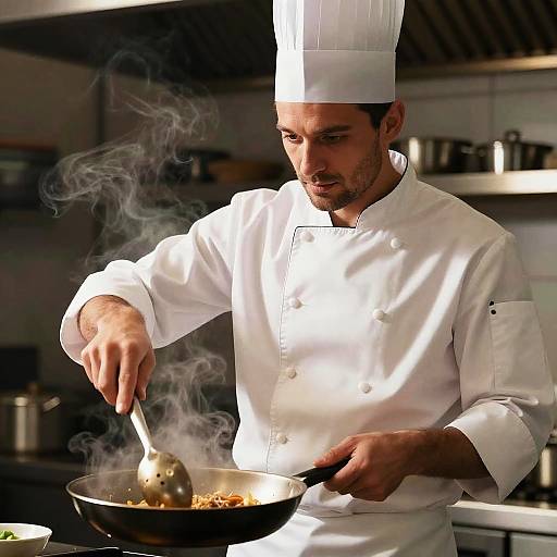 Photograph of a focused male chef in white uniform and hat, stirring a steaming pan with a wooden spoon in a modern kitchen.