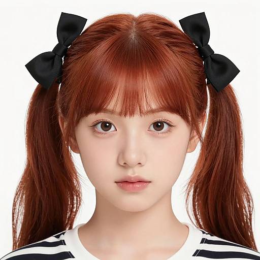 Photograph of an East Asian girl with fair skin, red twin-tails, black bows, and large brown eyes, wearing a black-and-white striped