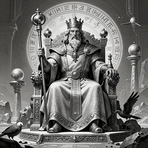 Black-and-white digital illustration of an elderly bearded king with a crown, holding a scepter, seated on an ornate throne, surrounded by rav