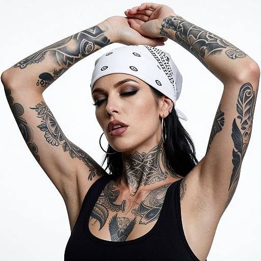 Tattooed woman with black tank top, white bandana, and hoop earrings, arms raised, eyes closed, against white background. Photographic