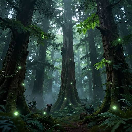 Mysterious forest scene with towering redwood trees, glowing fireflies, and misty light filtering through dense foliage. Digital art.