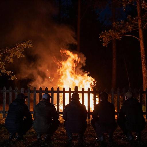 Crouched Men Observing Forest Fire at Night