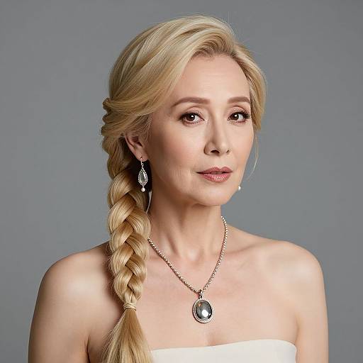 Photograph of a blonde woman with fair skin, styled side braid, wearing a strapless white top, silver necklace, and earrings, against a