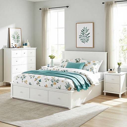 Bright, modern bedroom with white furniture, floral-patterned bedding, blue accents, framed leaf art, natural light, beige curtains, and a light wooden