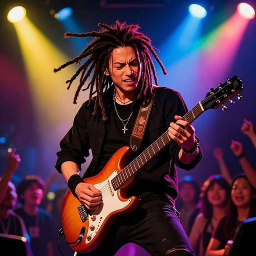 Photograph of a passionate, dreadlocked musician with medium brown skin, wearing a black shirt, playing an orange electric guitar on stage under colorful, vibrant