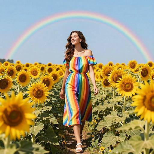 Photograph of a smiling woman with long dark hair, wearing an off-shoulder rainbow dress, walking through a sunflower field under a vibrant rainbow