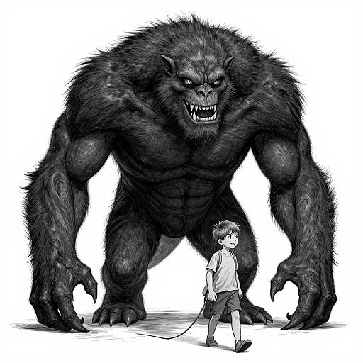 Digital drawing of a towering, muscular, black-furred werewolf with sharp claws and fangs, looming over a small, scared boy in a white