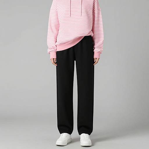 Photograph of a person wearing a pink and white striped hoodie, black loose pants, and white sneakers, standing against a plain grey background.