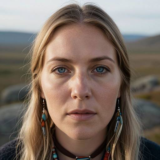 Close-up photograph of a fair-skinned woman with blue eyes, straight blonde hair, wearing colorful beaded earrings and a black choker, set against