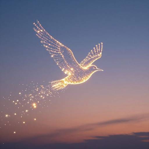 Photograph of a glowing, illuminated dove with sparkling lights trailing, set against a twilight sky transitioning from purple to orange.