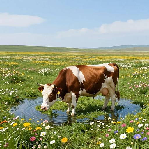 Photograph of a brown and white cow standing in a shallow pond, surrounded by a vibrant, flower-filled meadow under a clear blue sky.