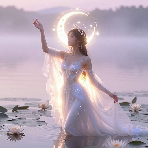 Photograph of a serene woman in a shimmering white gown, halo of light above her head, standing in a still lake with lily pads and