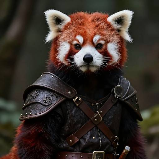 Digital artwork of a red panda with white facial markings, wearing dark brown, leather fantasy armor with intricate patterns, standing in a forest background.