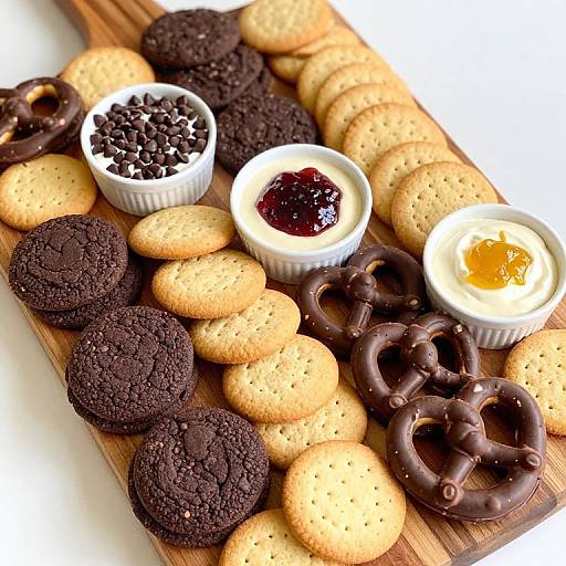 Photograph of assorted snacks: chocolate cookies, plain crackers, chocolate-covered pretzels, and three small white bowls with jam and chocolate chips on a