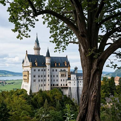Photograph of Neuschwanstein Castle, a fairytale-like white stone structure with tall spires, nestled among lush green trees, with a