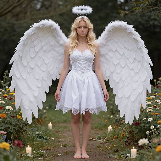 Photograph of a blonde angelic woman with white wings, halo, and white dress, standing barefoot on a candle-lit flower path.