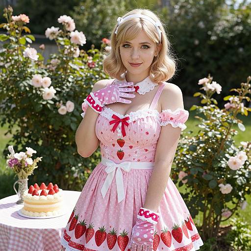 Photograph of a blonde woman in a pink, strawberry-themed dress and gloves, standing outdoors in a sunny garden with roses, beside a cake on a