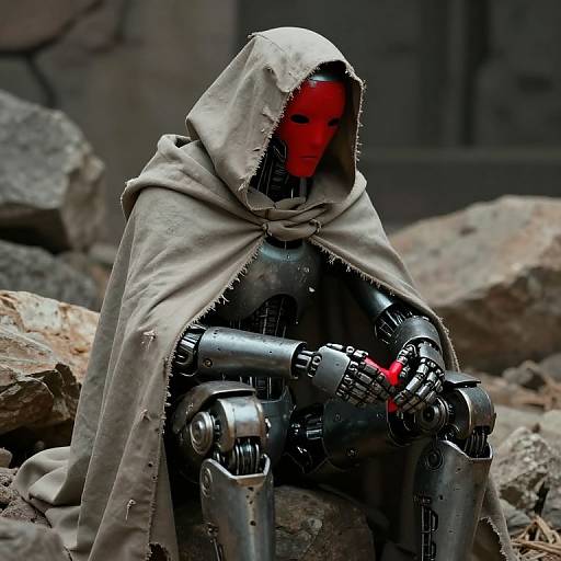 Photograph of a red-faced, hooded, metallic humanoid robot sitting among rocky debris, wearing a tattered beige cloak, holding a futuristic black gun