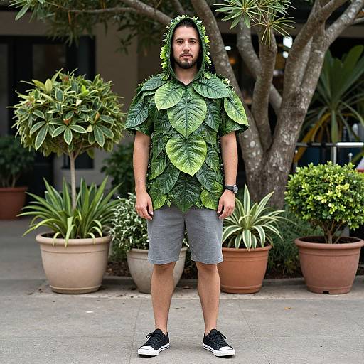 Photograph of a bearded man wearing a green leafy costume with a hood, gray shorts, and black sneakers, standing outdoors among potted plants