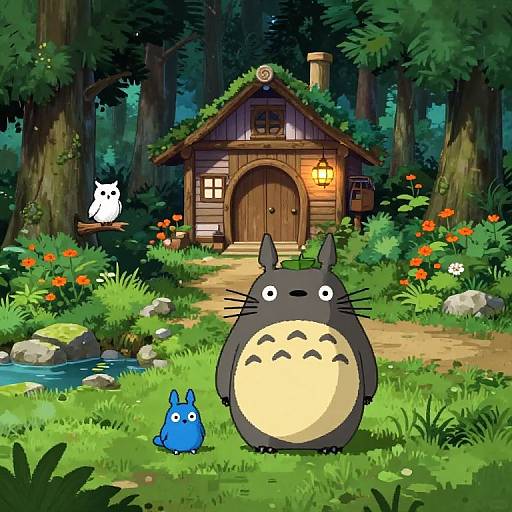 Digital illustration of Totoro and a blue cat-like creature in a vibrant, forested clearing with a wooden cottage and glowing lantern.