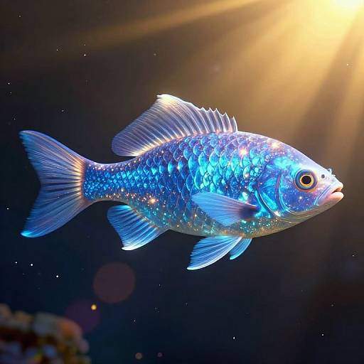 Photograph of a vibrant blue fish with iridescent scales, glowing fins, and a yellow light shining from above in a dark underwater scene.