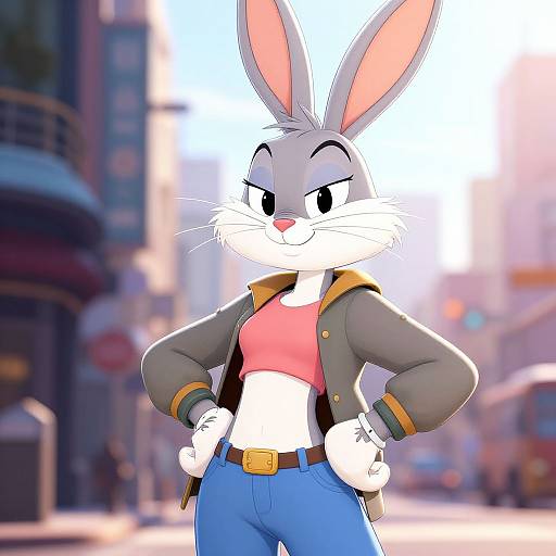 Digital cartoon of a confident gray bunny with pink inner ears, wearing a red top, green jacket, and blue jeans, standing in a blurred city street