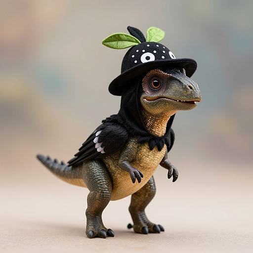 Photograph of a small, detailed, plastic dinosaur toy with black feathery costume, white eyes, green leaf hat, and brown, textured body