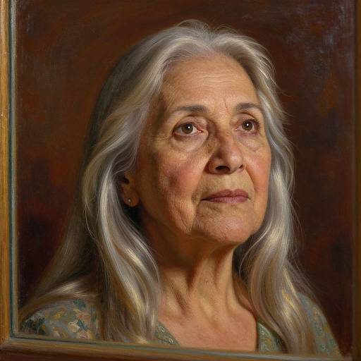 Photorealistic portrait of an elderly woman with long, silver hair, wrinkled skin, gentle expression, wearing a floral-patterned top, against a