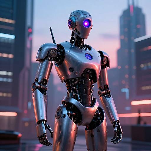 One-Eyed Robot in Futuristic Cityscape