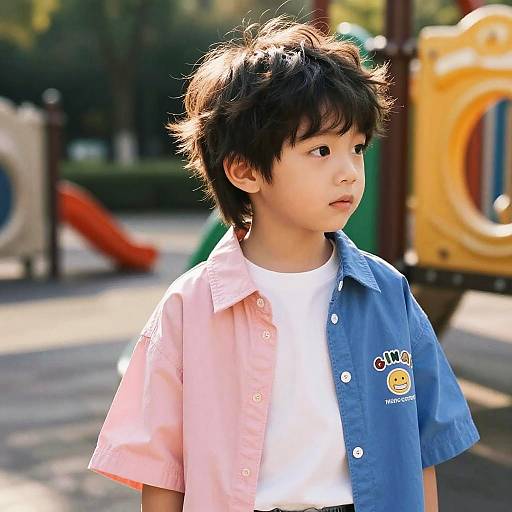Photograph of an Asian boy with black, tousled hair, wearing a pink and blue shirt over a white t-shirt, standing in a sunlit