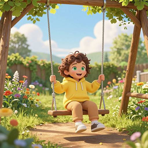 Joyful Child on Swing in Garden