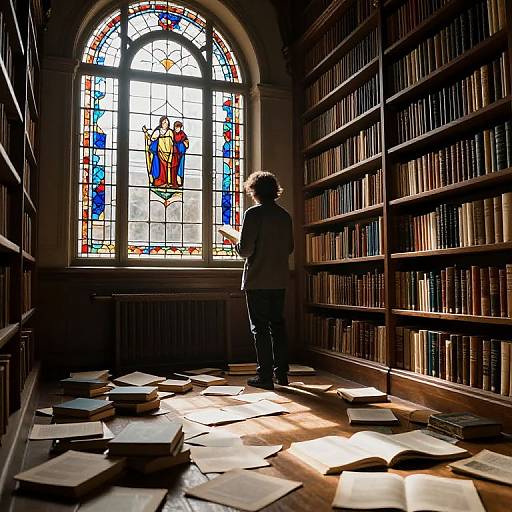 Photograph: Silhouetted man in library stands before colorful stained glass window, surrounded by scattered open books on wooden floor. Sunlight filters through