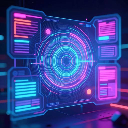 Neon-lit, digital interface displaying vibrant blue and pink concentric circles with glowing, holographic text panels on a dark background.