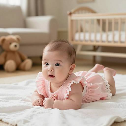 Photograph of a cute baby girl with light skin, brown hair, and wide eyes, lying on her stomach in a pink ruffled dress, in
