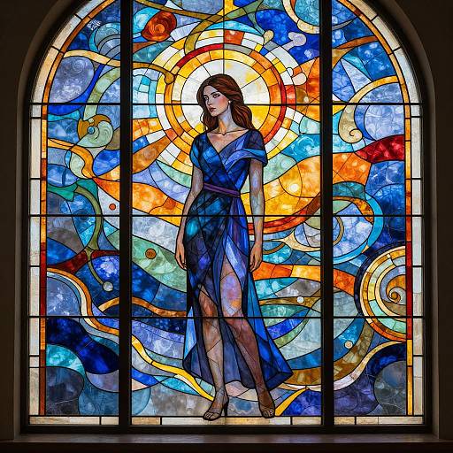 Stained glass window featuring a serene brunette woman in a blue dress, surrounded by vibrant sun, waves, and fish, standing centered.