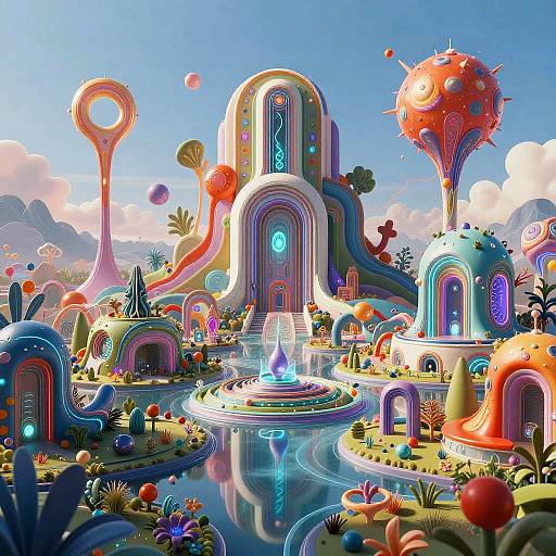 Vibrant, surreal digital artwork of a colorful, whimsical alien landscape with glowing archways, floating orbs, and a central water feature.