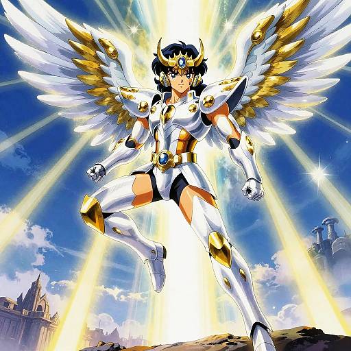 Digital anime-style artwork of a muscular, black-haired warrior with white and gold angel wings, radiant light, and blue sky background.