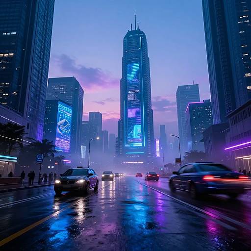 Neon-lit, rainy, futuristic cityscape photograph: blue and purple skyscrapers with glowing advertisements, wet street reflecting lights, blurred cars on