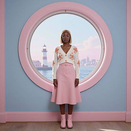 Photograph of a black woman with blonde hair, glasses, white floral blouse, pink skirt, and pink boots, standing before a circular window with a