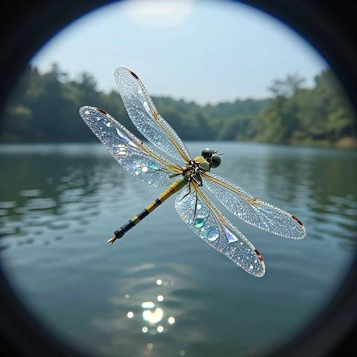 Photograph of a sparkling dragonfly with dew-covered wings, flying over a calm lake with trees in the background, taken through a fisheye lens