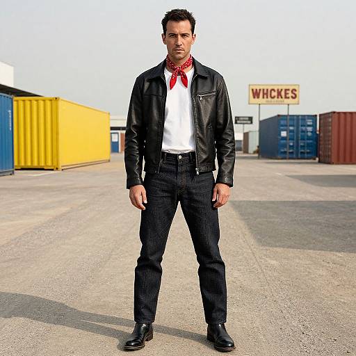 Photograph of a serious man with dark hair, wearing a black leather jacket, white shirt, red scarf, black jeans, and black boots, standing