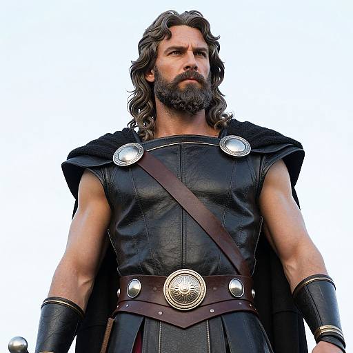 Photograph of a muscular, bearded man with long brown hair, wearing a black leather armor with silver circular shoulder plates and brown belt, standing against