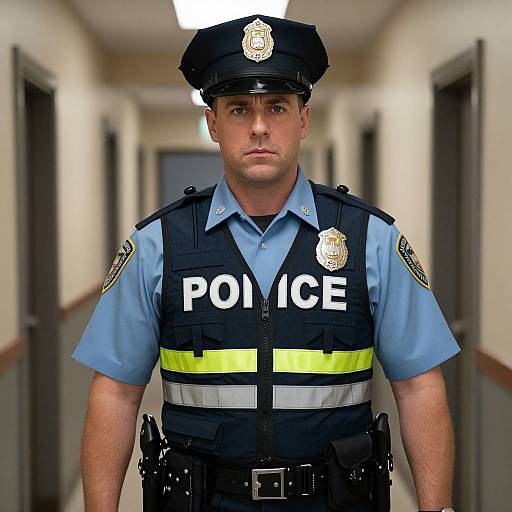 Photograph of a serious male police officer in a blue uniform, black vest with 