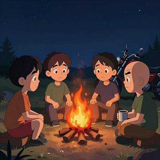 Campfire Gathering: A Nighttime Cartoon